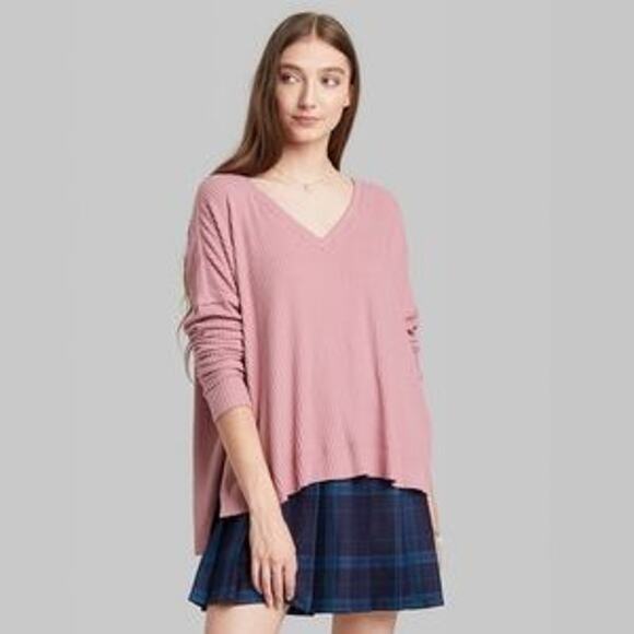 Wild Fable Ribbed Sweater S Oversize Long Sleeve Mauve Pink VNeck Cozy Side Slit - Picture 3 of 9